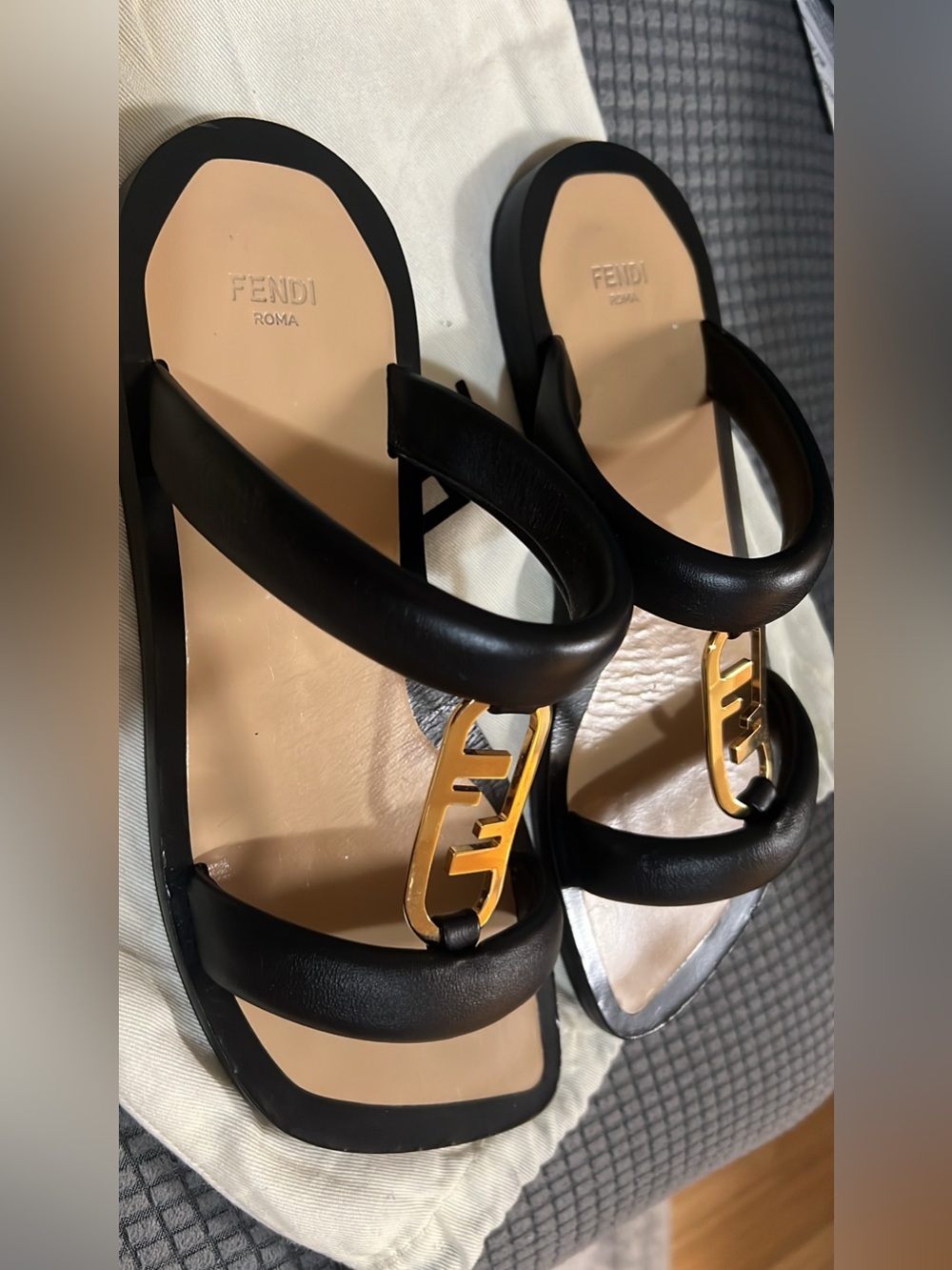 Fendi Black Leather Sandals with Gold Logo Accent